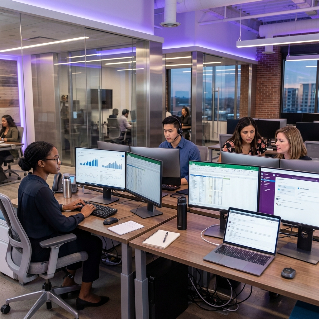 Remote backoffice operations team working at desks