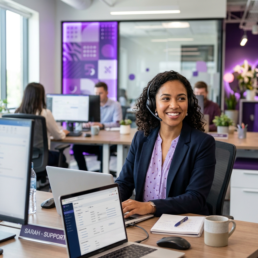 Professional customer service representative smiling in a modern office setup