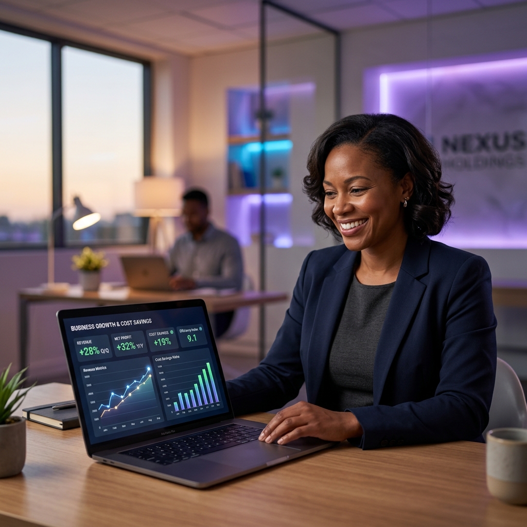 Happy business owner reviewing metrics on laptop